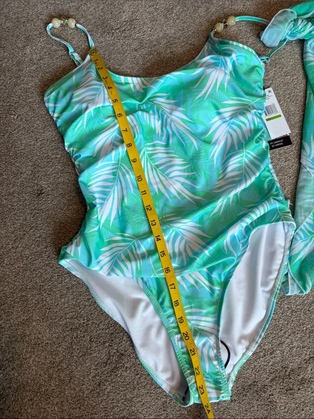 Nicole Miller Mint Green Tropical Leaf One-Piece Swimsuit with sarong size large